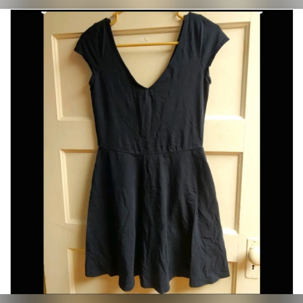 V-neck cotton blue plain short sleeved dress